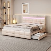 Lit rembourré, lit double led, cadre de lit avec 4 tiroirs, sommier à lattes, en tissu velours, beige