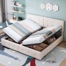 Lit rembourré 180x200 cm, lit coffre hydraulique, lit coffre haut, lit double multifonction, tissu velours doux pour la peau, beige
