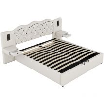 Lit rembourré 180x200 cm, tête de lit intégrée, mécanisme de levage hydraulique, avec port usb, deux lampes de chevet - Beige