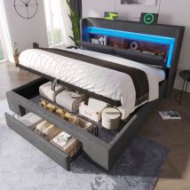 Gepolsterte Bett 180×200 Cm Mit Hydraulischem Stauraum, Kopfteil Mit Fach, Led-beleuchtung Und Usb/usb-c-anschlüssen – Lattenrost Aus Holz, Grau 