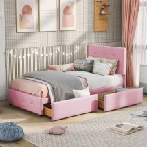 Lit rembourré 90 x 200 cm avec sommier à lattes, dossier et deux tiroirs, tissu velours doux pour la peau, lit simple plat beige, lit d'enfant, lit