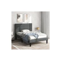 Qiyao - Lit rembourré 90 x 200 cm, cadre de lit avec sommier à lattes et tête de lit, lit double rembourré, housse textile en lin gris, convient pour