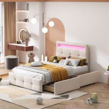 Hauss Spole - Lit enfant 90 x 200 cm, Lit avec tiroirs avec led, 2 tiroirs, linge, lit simple, lit ado, beige