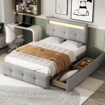 Hauss Spole - Lit enfant 90 x 200 cm, Lit avec tiroirs avec led, 2 tiroirs, linge, lit simple, lit ado, gris