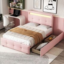 Hauss Spole - Lit enfant 90 x 200 cm, Lit avec tiroirs avec led, 2 tiroirs, linge, lit simple, lit ado, rose