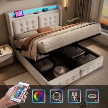 Redom - Lit rembourré 180x200, lit double avec tête de lit led et fonction de chargement usb c, lit hydraulique avec sommier à lattes en bois et