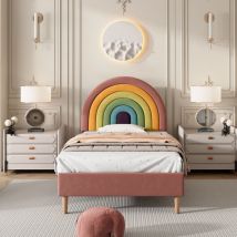 Wishdor - Lit adulte Lit adolescent capitonné simple 90 x 200 cm avec tête de lit arc-en-ciel réglable, rose