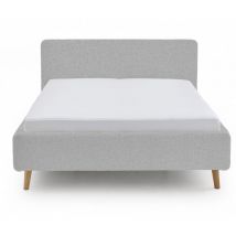 Lit rembourré adulte 180x200cm avec tête de lit en tissu coloris gris, sommier et coffre -Longueur 200 x profondeur 218 x hauteur 105cm