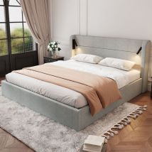 Lit rembourré adulte, avec espace de rangement, lumière d'ambiance, sommier à lattes en bois, 180x200cm, en tissu, gris