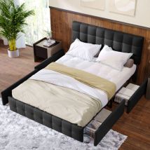 Lit rangement lit double lit rembourré 140 x 200 cm avec 4 tiroirs, tête de lit et sommier à lattes matériau en lin noir (sans matelas) Okwish
