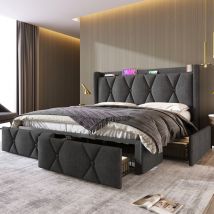 Lafomukea - Lit rembourré avec charge, fonction de charge usb, tête de lit et 4 tiroirs, lit double 140x200cm, lits de rangement, cadre de lit,