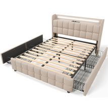 Gutent - Lit rembourré avec éclairage led et 2 tiroirs,Sommier à lattes en bois, Beige (Sans matelas) - 160x200cm