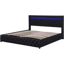 Lit rembourré avec éclairage LED et fonction de rangement, noir, PU -160 x 200 cm