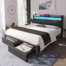 Hommoo - Lit adulte Lit double 140 x 200 cm avec fonction de chargement usb Type c et tiroirs, tête de lit avec éclairage led, gris, sans matelas
