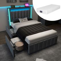 Lit rembourré avec fonction de recharge usb Type c, éclairage led et 2 tiroirs, lits pour adolescents 90x200cm, lit simple, sommier à lattes en bois,