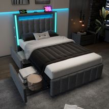 Retrok - Lit rembourré avec fonction de recharge usb Type c, éclairage led et 2 tiroirs, lits pour adolescents 90x200cm, lit simple, sommier à lattes