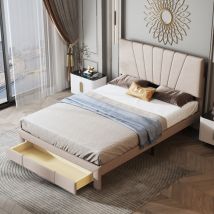 Lit rembourré adulte, avec sommier à lattes, dossier et grand tiroir, 140 x 200 cm, mdf, beige (sans matelas)