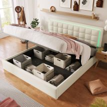Okwish - Lit rembourré avec sommier à lattes et espace de rangement, lit double avec led, 160x200cm, couvre-lit fonctionnel en simili cuir, blanc