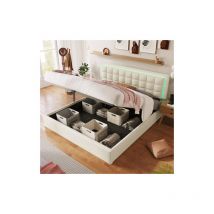 Lit rembourré avec sommier à lattes et espace de rangement Lit double avec barre d'éclairage LED Cadre de lit 160x200cm, lit de rangement Lit