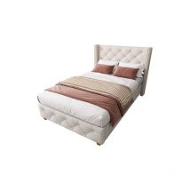 Lit capitonné 90200cm avec sommier à lattes et tête de lit, revêtement boutons, revêtement rivets, pieds bois, lin, beige