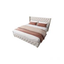 Plafonnier 140 x 190 cm avec sommier à lattes et sommier à lattes, boutons décoratifs, rivets décoratifs, copeaux de bois, lin, beige