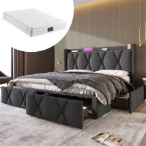 Lit rembourré avec tête de lit et 4 tiroirs avec fonction de chargement usb, lit double 160x200cm, espace de rangement, cadre de lit, sommier à