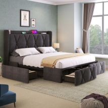 Lit rembourré avec tête de lit et 4 tiroirs avec fonction de chargement USB, lit double 160x200cm, espace de rangement, cadre de lit, sommier à