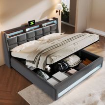Lit rembourré avec usb 140x200cm, lit double led avec sommier à lattes en métal, cadre de lit en lin, lit d'adolescent (sans matelas)