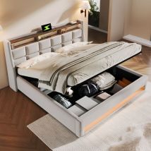 Lit rembourré avec usb 160x200cm, lit double led avec sommier à lattes en métal, cadre de lit en lin, lit d'adolescent (sans matelas) Okwish
