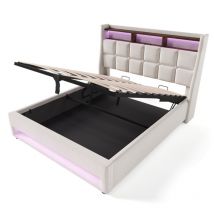 Gutent - Lit rembourré avec usb 160x200cm,Lit simple led avec sommier à lattes métalliques,Cadre de lit en lin Lit pour adolescents (Sans matelas)