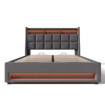 Lit rembourré avec usb 180x200cm,Lit simple led avec sommier à lattes métalliques,Cadre de lit en lin Lit pour adolescents (Sans matelas) -Gris