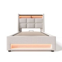 Gutent - Lit rembourré avec usb 90x200cm,Lit simple led avec sommier à lattes métalliques,Cadre de lit en lin Lit pour adolescents (Sans matelas)