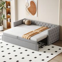 Lit rembourré canapé extensible 90x200 cm, forme pleine avec boutons, tissu velours- Gris