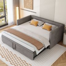 Lit rembourré canapé-lit gigogne 90/180200 cm avec sommier à lattes, lit multifonctionnel en tissu velours doux pour la peau gris