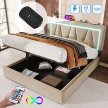Hauss Spole - Lit coffre 140x200cm, lit double avec chargement usb type c, led, lit adulte, lin, sans matelas, beige