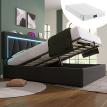 Lit coffre 140x200cm, lit double avec chargement usb type c, led, lit adulte, lin, matelas inclus, gris