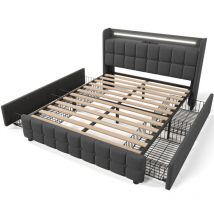 Lit rembourré en gris avec fonction de recharge usb, éclairage led et 2 tiroirs, cadre de lit à lattes en bois (sans matelas) - 180x200 cm