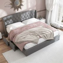 Lit rembourré en velours, avec4 tiroirs en treillis métallique solide, lit double avec sommier à lattes et 4 tête de lit, gris 140x200 cm