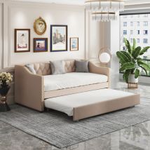Lit rembourré enfant, canapé-lit gigogne, 90x200cm, mdf, beige
