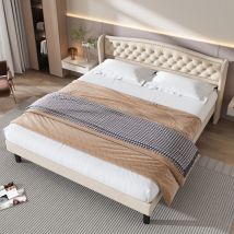 Redom - Lit adulte, avec tête de lit, 160x200cm, en bois, beige