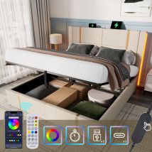 Lit rembourré lit double Fonction de charge USB Type C Contrôle APP LED 140 × 200 espace de rangement lits cadre de lit, sommier à lattes en bois,