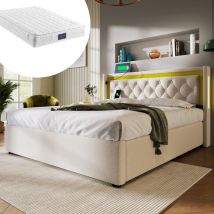 Lit 160x200cm, lit coffre avec led, usb Type c, sommier à lattes, en coton, avec matelas, beige