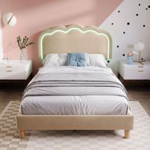 Ohjijinn - Lit rembourré led lit simple 90 x 200 cm, cadre de lit avec sommier à lattes et tête de lit réglable, lit rembourré beige, cadre de lit