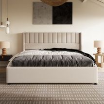 Okwish - Lit capitonné lit coffre lit hydraulique (linge beige 140x200cm sans matelas), lit avec sommier à lattes en structure métallique