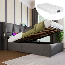 Okwish - Lit rembourré lit coffre ports de charge USB/Type-C poche latérale lit simple hydraulique 90x200cm, sommier à lattes en bois, lit avec