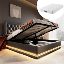 Lit coffre 160 x 200cm, lit double avec usb et led, lit simple capitonné, cuir, noir(avec matelas)