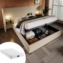 Okwish - Lit coffre 160 x 200 cm lit double avec table de chevet, lampe de lecture et chargement usb Type-C, en bois massif et métal, beige lin,