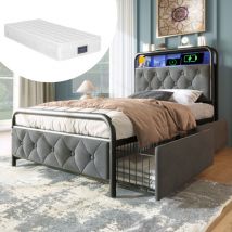 Lit rembourré lit simple avec chargement fonction de chargement usb Type c contrôle app cadre de lit led lit en métal cadre de lit 90 × 200 cm et 2