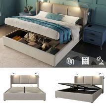 Ohjijinn - Lit rembourré lit double avec fonction de chargement usb, tête de lit avec espace de rangement et éclairage led, lit double 160x200cm gris