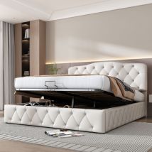 Lit rembourré double, églable en hauteur, 140 x 200cm, en velours, blanc